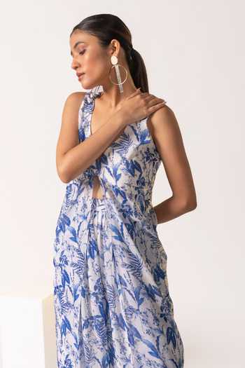Buy_Vanshika Agarwal Label_White Georgette, Taffeta V-neck Tropical Print Top And Pant Set_Online_at_Aza_Fashions