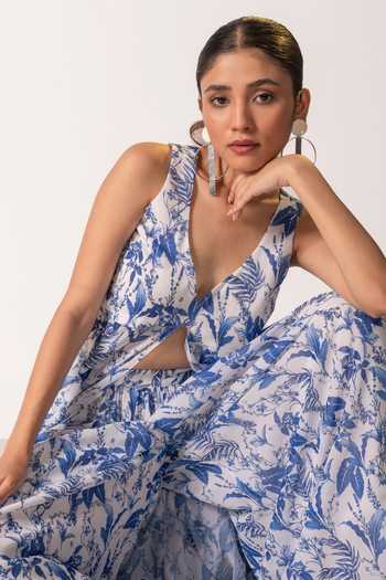 Shop_Vanshika Agarwal Label_White Georgette, Taffeta V-neck Tropical Print Top And Pant Set_Online_at_Aza_Fashions