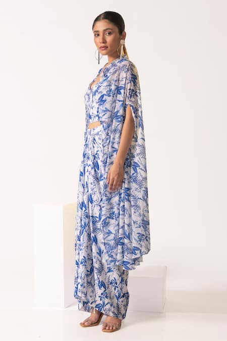 Shop Vanshika Agarwal Label White Crepe Mandarin Collar, V-neck, Tropical Print Crop Top Jacket Skirt Set at Aza Fashions Shop_Vanshika Agarwal Label_White Crepe Mandarin Collar, V-neck, Tropical Print Crop Top Jacket Skirt Set _at_Aza_Fashions