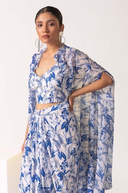 Vanshika Agarwal Label White Crepe Mandarin Collar, V-neck, Tropical Print Crop Top Jacket Skirt Set Online at Aza Fashions Vanshika Agarwal Label_White Crepe Mandarin Collar, V-neck, Tropical Print Crop Top Jacket Skirt Set _Online_at_Aza_Fashions