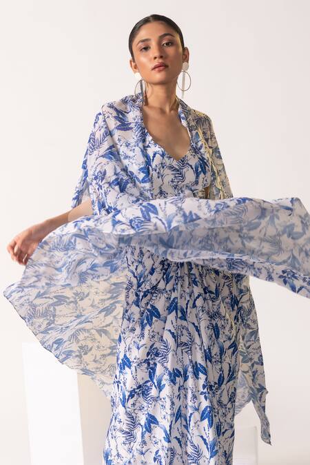 Buy Vanshika Agarwal Label White Crepe Mandarin Collar, V-neck, Tropical Print Crop Top Jacket Skirt Set Online at Aza Fashions Buy_Vanshika Agarwal Label_White Crepe Mandarin Collar, V-neck, Tropical Print Crop Top Jacket Skirt Set _Online_at_Aza_Fashions