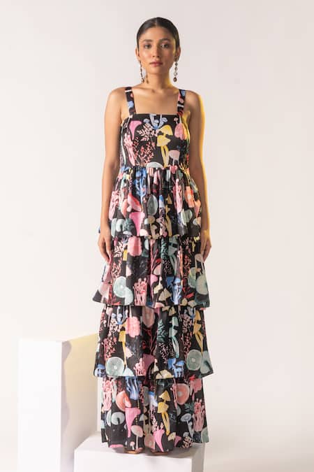 Shop Vanshika Agarwal Label Multi Color Lining Taffeta, Modal Mushroom Square Kelly Print Layered Dress at Aza Fashions Shop_Vanshika Agarwal Label_Multi Color Lining Taffeta, Modal Mushroom Square Kelly Print Layered Dress _at_Aza_Fashions