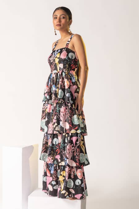 Vanshika Agarwal Label Multi Color Lining Taffeta, Modal Mushroom Square Kelly Print Layered Dress Online at Aza Fashions Vanshika Agarwal Label_Multi Color Lining Taffeta, Modal Mushroom Square Kelly Print Layered Dress _Online_at_Aza_Fashions