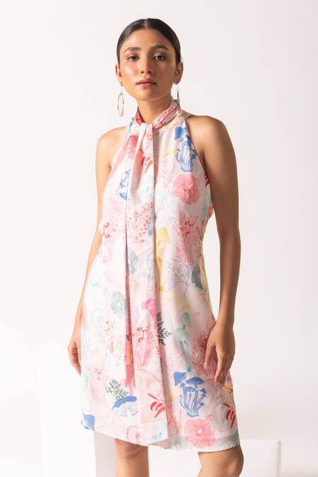 Shop Vanshika Agarwal Label Multi Color Cotton, Taffeta Bows Halter Neck Printed Dress With at Aza Fashions Shop_Vanshika Agarwal Label_Multi Color Cotton, Taffeta Bows Halter Neck Printed Dress With _at_Aza_Fashions