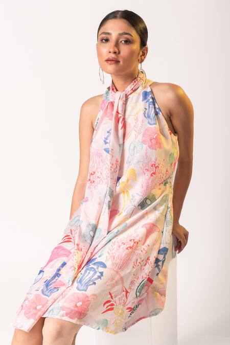 Vanshika Agarwal Label Multi Color Cotton, Taffeta Bows Halter Neck Printed Dress With Online at Aza Fashions Vanshika Agarwal Label_Multi Color Cotton, Taffeta Bows Halter Neck Printed Dress With _Online_at_Aza_Fashions