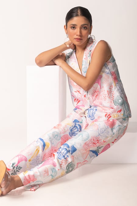 Vanshika Agarwal Label Multi Color Modal, Taffeta Embroidery Collared Mushroom Print Jacket And Pant Set Online at Aza Fashions Vanshika Agarwal Label_Multi Color Modal, Taffeta Embroidery Collared Mushroom Print Jacket And Pant Set _Online_at_Aza_Fashions