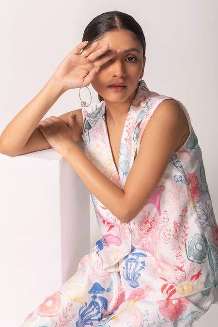 Buy Vanshika Agarwal Label Multi Color Modal, Taffeta Embroidery Collared Mushroom Print Jacket And Pant Set Online at Aza Fashions Buy_Vanshika Agarwal Label_Multi Color Modal, Taffeta Embroidery Collared Mushroom Print Jacket And Pant Set _Online_at_Aza_Fashions