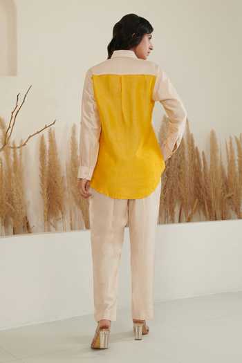 Label Flamingo By Vrinda_Ivory Silk Collared Color Block Shirt With Pant _Online_at_Aza_Fashions
