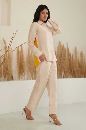 Buy_Label Flamingo By Vrinda_Ivory Silk Collared Color Block Shirt With Pant _Online_at_Aza_Fashions