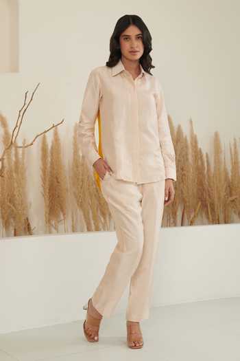 Shop_Label Flamingo By Vrinda_Ivory Silk Collared Color Block Shirt With Pant _Online_at_Aza_Fashions