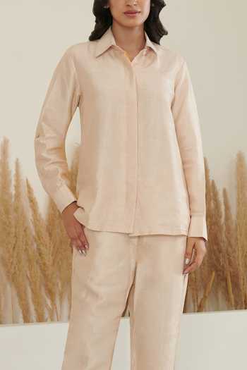 Label Flamingo By Vrinda_Ivory Silk Collared Color Block Shirt With Pant _at_Aza_Fashions