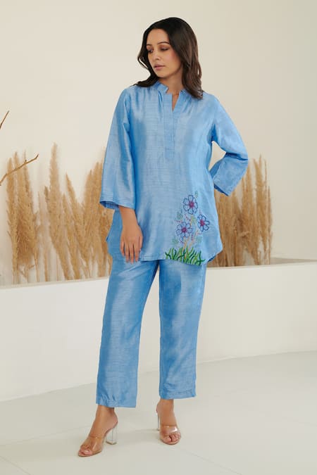 Label Flamingo By Vrinda Blue Silk Cut Work, Embroidery, Pearls Placement Flower Shirt With Pant Online at Aza Fashions Label Flamingo By Vrinda_Blue Silk Cut Work, Embroidery, Pearls Placement Flower Shirt With Pant _Online_at_Aza_Fashions