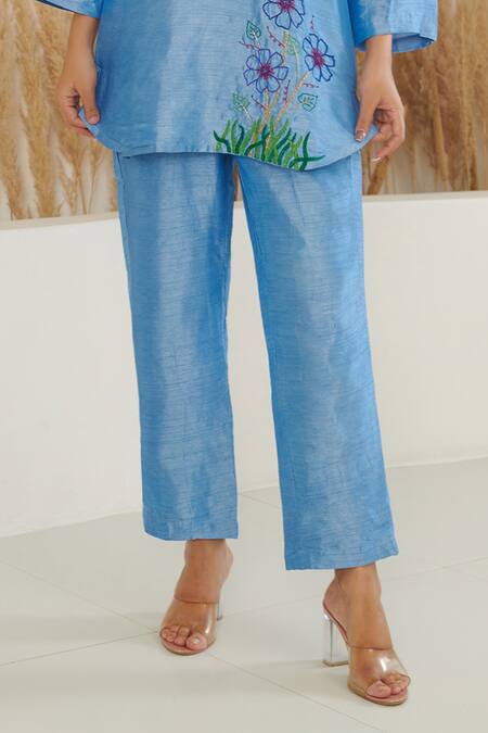 Shop Label Flamingo By Vrinda Blue Silk Cut Work, Embroidery, Pearls Placement Flower Shirt With Pant Online at Aza Fashions Shop_Label Flamingo By Vrinda_Blue Silk Cut Work, Embroidery, Pearls Placement Flower Shirt With Pant _Online_at_Aza_Fashions