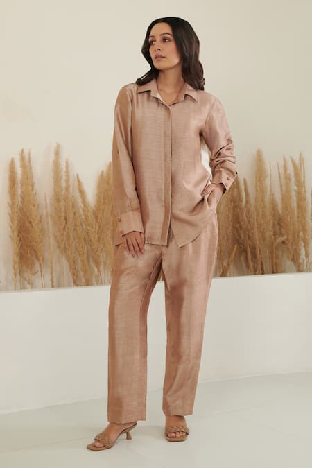 Label Flamingo By Vrinda Brown Silk Collared Color Block Shirt With Pant 