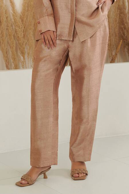 Shop_Label Flamingo By Vrinda_Brown Silk Collared Color Block Shirt With Pant _Online_at_Aza_Fashions