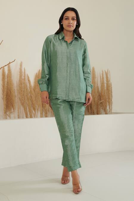 Label Flamingo By Vrinda Green Silk Collared Full Sleeve Shirt With Pant 