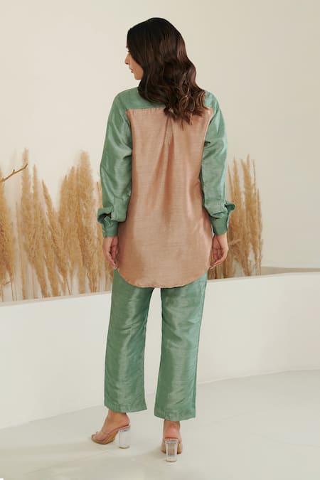 Shop Label Flamingo By Vrinda Green Silk Collared Full Sleeve Shirt With Pant at Aza Fashions Shop_Label Flamingo By Vrinda_Green Silk Collared Full Sleeve Shirt With Pant _at_Aza_Fashions
