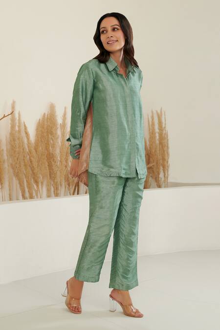 Label Flamingo By Vrinda Green Silk Collared Full Sleeve Shirt With Pant Online at Aza Fashions Label Flamingo By Vrinda_Green Silk Collared Full Sleeve Shirt With Pant _Online_at_Aza_Fashions