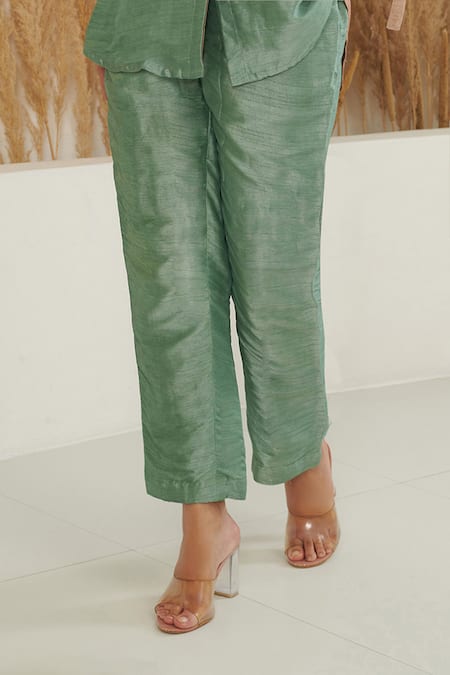 Buy Label Flamingo By Vrinda Green Silk Collared Full Sleeve Shirt With Pant Buy_Label Flamingo By Vrinda_Green Silk Collared Full Sleeve Shirt With Pant