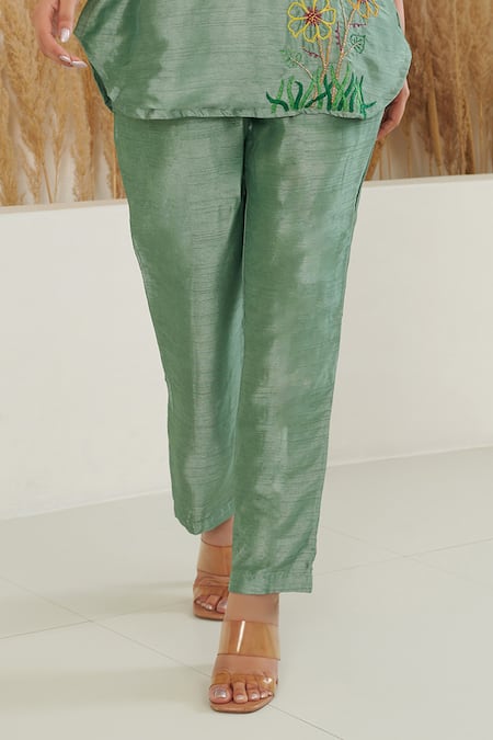 Buy Label Flamingo By Vrinda Green Silk Cut Work, Embroidery Collared Placement Floral Shirt With Pant Buy_Label Flamingo By Vrinda_Green Silk Cut Work, Embroidery Collared Placement Floral Shirt With Pant