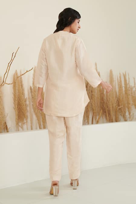 Shop Label Flamingo By Vrinda Ivory Silk Cut Work, Pearls Placement Floral Bloom Embroidered Shirt With Pant at Aza Fashions Shop_Label Flamingo By Vrinda_Ivory Silk Cut Work, Pearls Placement Floral Bloom Embroidered Shirt With Pant _at_Aza_Fashions