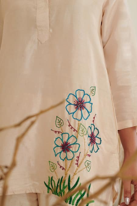 Buy Label Flamingo By Vrinda Ivory Silk Cut Work, Pearls Placement Floral Bloom Embroidered Shirt With Pant Online at Aza Fashions Buy_Label Flamingo By Vrinda_Ivory Silk Cut Work, Pearls Placement Floral Bloom Embroidered Shirt With Pant _Online_at_Aza_Fashions