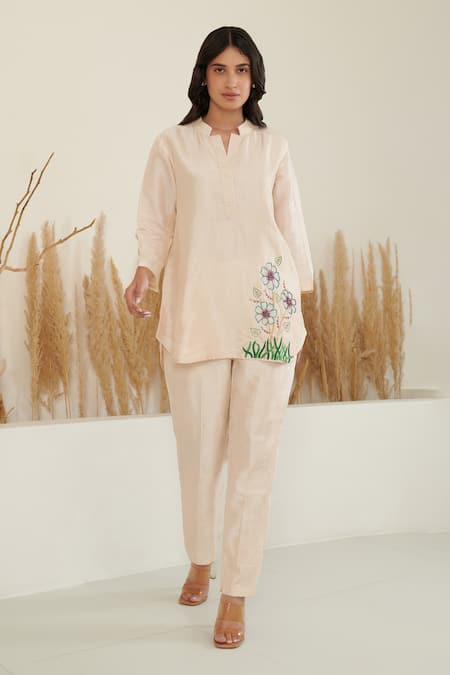 Shop Label Flamingo By Vrinda Ivory Silk Cut Work, Pearls Placement Floral Bloom Embroidered Shirt With Pant Online at Aza Fashions Shop_Label Flamingo By Vrinda_Ivory Silk Cut Work, Pearls Placement Floral Bloom Embroidered Shirt With Pant _Online_at_Aza_Fashions
