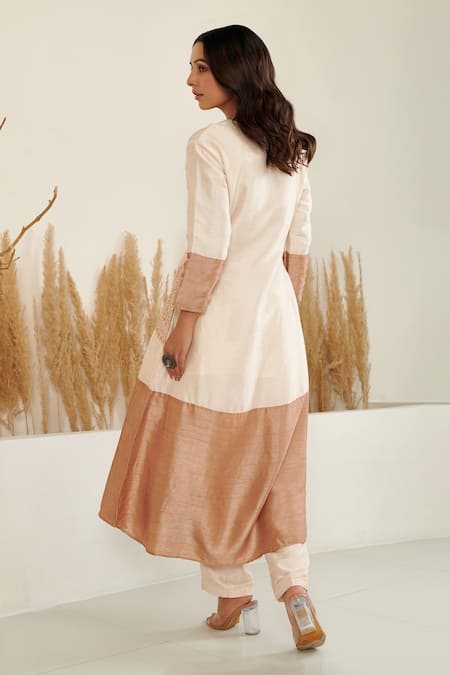 Shop Label Flamingo By Vrinda Ivory Silk Pearls, Embroidery Round Neck Color Block A-line Kurta With Pant at Aza Fashions Shop_Label Flamingo By Vrinda_Ivory Silk Pearls, Embroidery Round Neck Color Block A-line Kurta With Pant _at_Aza_Fashions