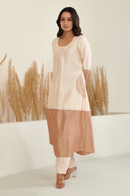 Label Flamingo By Vrinda Ivory Silk Pearls, Embroidery Round Neck Color Block A-line Kurta With Pant Online at Aza Fashions Label Flamingo By Vrinda_Ivory Silk Pearls, Embroidery Round Neck Color Block A-line Kurta With Pant _Online_at_Aza_Fashions