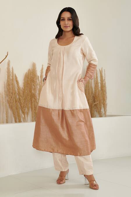 Buy Label Flamingo By Vrinda Ivory Silk Pearls, Embroidery Round Neck Color Block A-line Kurta With Pant Online at Aza Fashions Buy_Label Flamingo By Vrinda_Ivory Silk Pearls, Embroidery Round Neck Color Block A-line Kurta With Pant _Online_at_Aza_Fashions