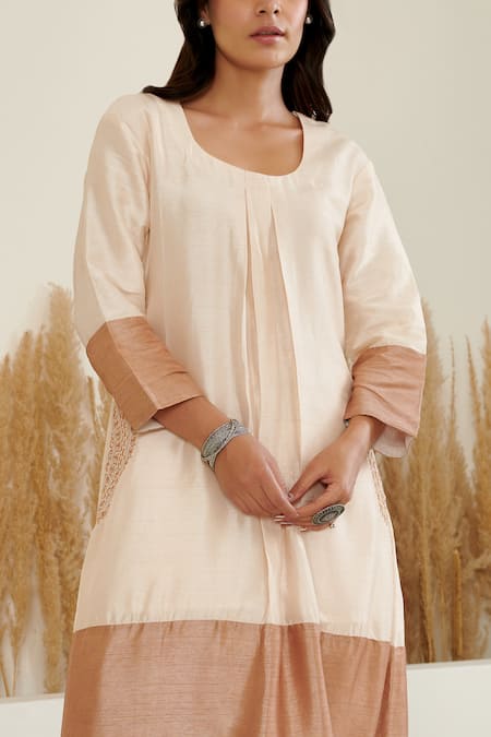 Label Flamingo By Vrinda Ivory Silk Pearls, Embroidery Round Neck Color Block A-line Kurta With Pant at Aza Fashions Label Flamingo By Vrinda_Ivory Silk Pearls, Embroidery Round Neck Color Block A-line Kurta With Pant _at_Aza_Fashions