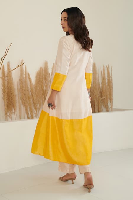 Shop Label Flamingo By Vrinda Ivory Silk Pearls, Embroidery Round Neck Color Block A-line Kurta With Pant at Aza Fashions Shop_Label Flamingo By Vrinda_Ivory Silk Pearls, Embroidery Round Neck Color Block A-line Kurta With Pant _at_Aza_Fashions