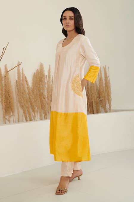 Label Flamingo By Vrinda Ivory Silk Pearls, Embroidery Round Neck Color Block A-line Kurta With Pant Online at Aza Fashions Label Flamingo By Vrinda_Ivory Silk Pearls, Embroidery Round Neck Color Block A-line Kurta With Pant _Online_at_Aza_Fashions