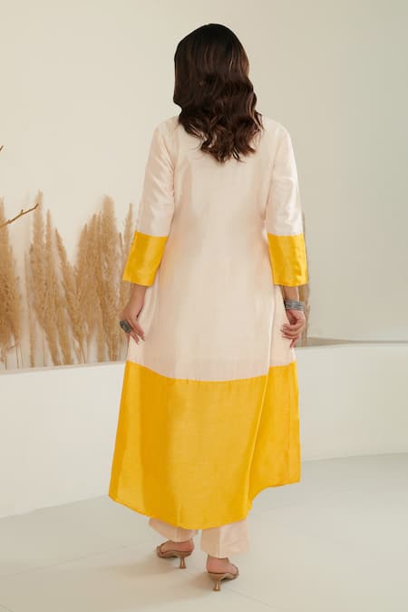 Buy Label Flamingo By Vrinda Ivory Silk Pearls, Embroidery Round Neck Color Block A-line Kurta With Pant Online at Aza Fashions Buy_Label Flamingo By Vrinda_Ivory Silk Pearls, Embroidery Round Neck Color Block A-line Kurta With Pant _Online_at_Aza_Fashions