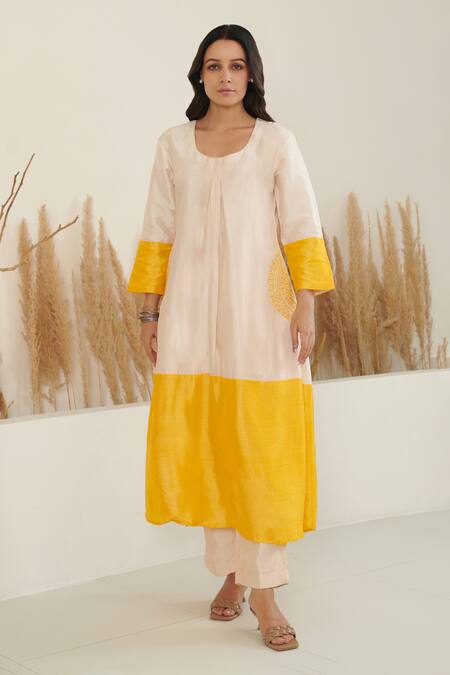 Shop Label Flamingo By Vrinda Ivory Silk Pearls, Embroidery Round Neck Color Block A-line Kurta With Pant Online at Aza Fashions Shop_Label Flamingo By Vrinda_Ivory Silk Pearls, Embroidery Round Neck Color Block A-line Kurta With Pant _Online_at_Aza_Fashions