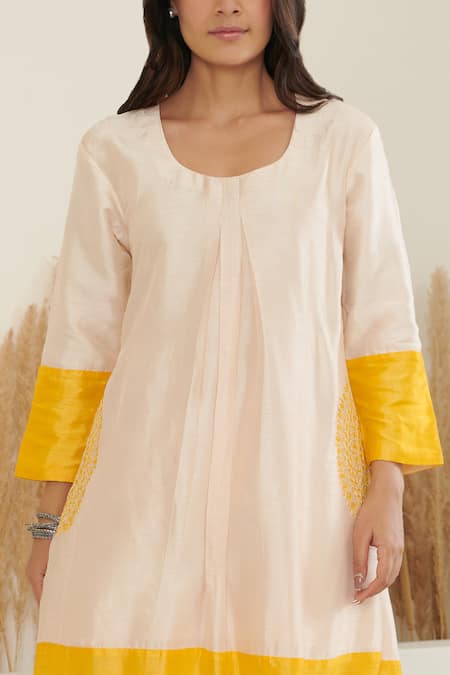 Label Flamingo By Vrinda Ivory Silk Pearls, Embroidery Round Neck Color Block A-line Kurta With Pant at Aza Fashions Label Flamingo By Vrinda_Ivory Silk Pearls, Embroidery Round Neck Color Block A-line Kurta With Pant _at_Aza_Fashions