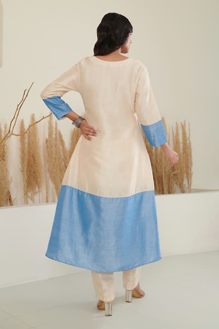 Shop Label Flamingo By Vrinda Ivory Silk Pearls, Embroidery Round Neck A-line Color Block Kurta With Pant at Aza Fashions Shop_Label Flamingo By Vrinda_Ivory Silk Pearls, Embroidery Round Neck A-line Color Block Kurta With Pant _at_Aza_Fashions