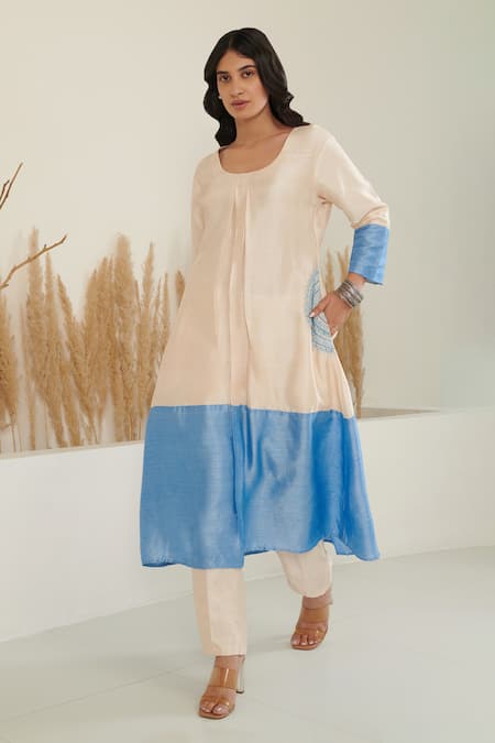 Label Flamingo By Vrinda Ivory Silk Pearls, Embroidery Round Neck A-line Color Block Kurta With Pant Online at Aza Fashions Label Flamingo By Vrinda_Ivory Silk Pearls, Embroidery Round Neck A-line Color Block Kurta With Pant _Online_at_Aza_Fashions