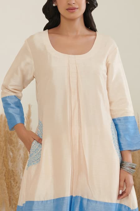 Label Flamingo By Vrinda Ivory Silk Pearls, Embroidery Round Neck A-line Color Block Kurta With Pant at Aza Fashions Label Flamingo By Vrinda_Ivory Silk Pearls, Embroidery Round Neck A-line Color Block Kurta With Pant _at_Aza_Fashions