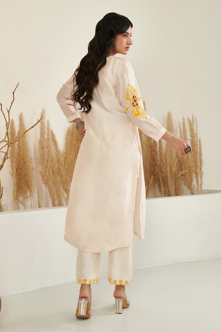 Shop Label Flamingo By Vrinda Ivory Silk Pearls, Beads Mandarin Collar Placement Embroidered Kurta With Pant at Aza Fashions Shop_Label Flamingo By Vrinda_Ivory Silk Pearls, Beads Mandarin Collar Placement Embroidered Kurta With Pant _at_Aza_Fashions