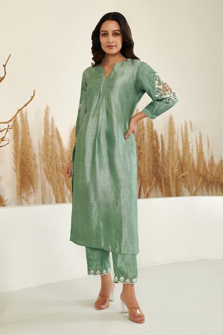 Buy Label Flamingo By Vrinda Green Silk Pearls, Beads Split Placement Hand Embroidered Kurta With Pant Online at Aza Fashions Buy_Label Flamingo By Vrinda_Green Silk Pearls, Beads Split Placement Hand Embroidered Kurta With Pant _Online_at_Aza_Fashions