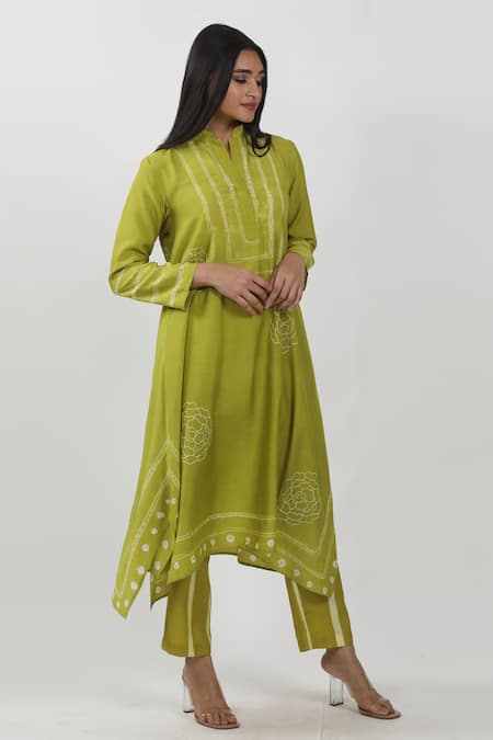 Buy_Krishna Mehta_Green Modal Floral High Round Asymmetric Tunic _Online_at_Aza_Fashions