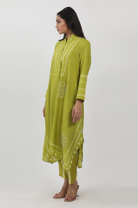 Shop_Krishna Mehta_Green Modal Floral High Round Asymmetric Tunic _Online_at_Aza_Fashions