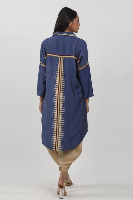 Krishna Mehta_Blue Modal Shirt Collar Block Print Tunic _Online_at_Aza_Fashions