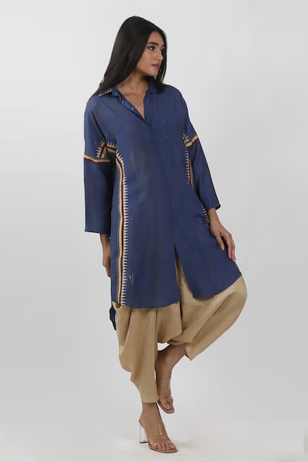 Buy_Krishna Mehta_Blue Modal Shirt Collar Block Print Tunic _Online_at_Aza_Fashions