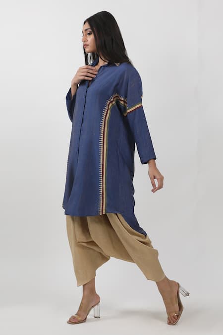 Shop_Krishna Mehta_Blue Modal Shirt Collar Block Print Tunic _Online_at_Aza_Fashions