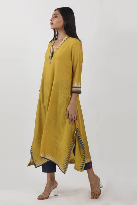 Shop_Krishna Mehta_Yellow Modal V Neck Asymmetric Block Print Tunic _Online_at_Aza_Fashions