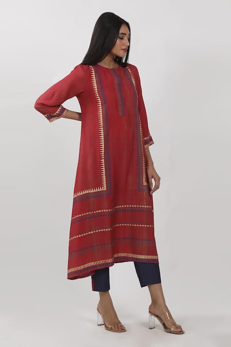 Buy_Krishna Mehta_Red Modal V-neck Hand Brush Print Asymmetric Tunic _Online_at_Aza_Fashions