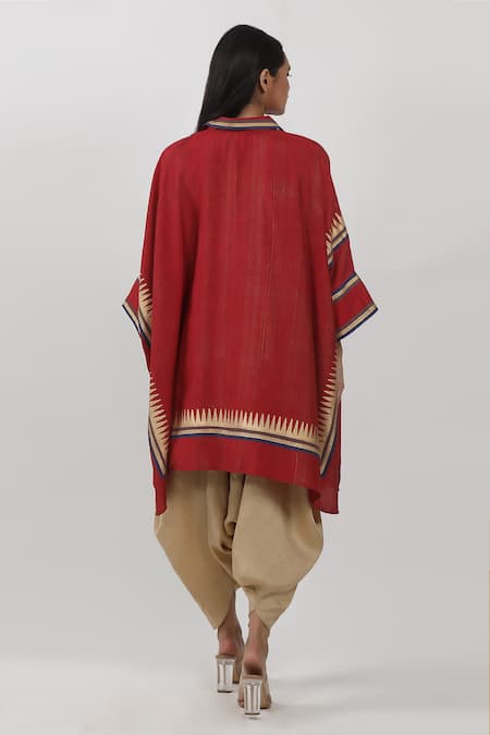 Krishna Mehta Red Modal Shawl Neck Block Print Cape Tunic Online at Aza Fashions Krishna Mehta_Red Modal Shawl Neck Block Print Cape Tunic _Online_at_Aza_Fashions