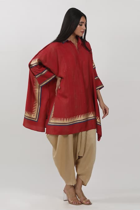 Buy Krishna Mehta Red Modal Shawl Neck Block Print Cape Tunic Online at Aza Fashions Buy_Krishna Mehta_Red Modal Shawl Neck Block Print Cape Tunic _Online_at_Aza_Fashions